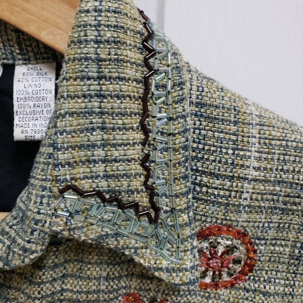 Chico's Green Multi Plaid Silk Blend Embroidered Beaded Fringe Tweed Blazer Sz S - Picture 4 of 14